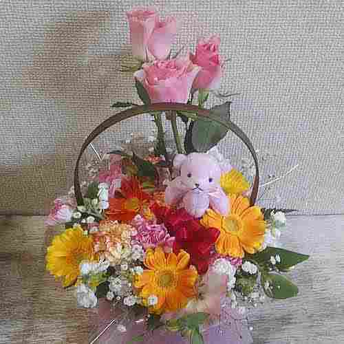 Rose Seasonal Flower With Teddy-Gifts Of Apology Send To Japan