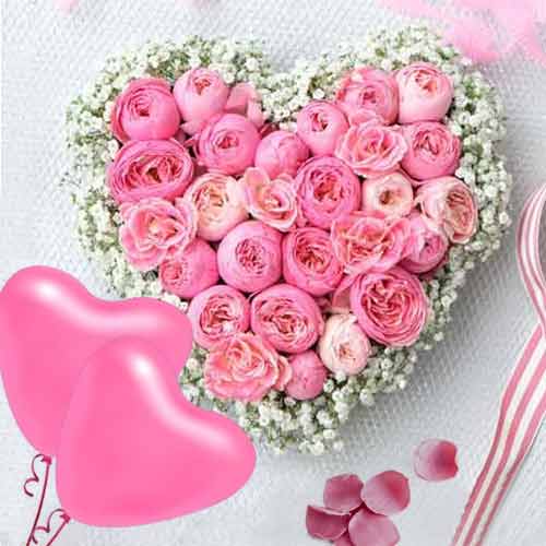 Heart Shape Pink Rose With Balloon - Online Flower Delivery Japan