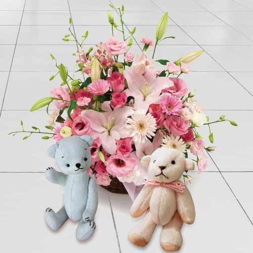 Teddy And Flowers In A Basket-Order Flower Arrangements