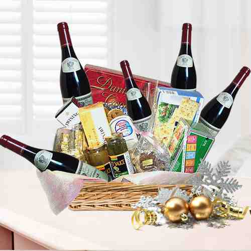 Alcohol Gift Baskets-Cheese Wine And Chocolate Hamper