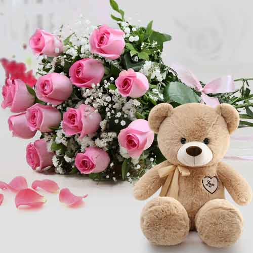 - Valentine's Day Teddy And Pink Roses Gift For Wife