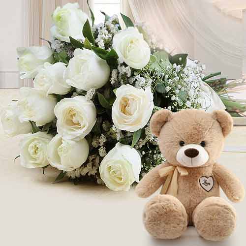 - Teddy Bear And White Roses Bouquet For Her