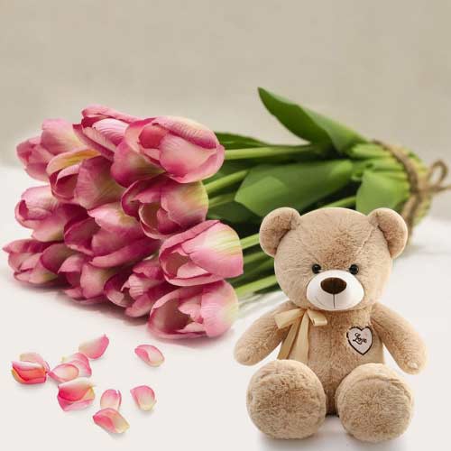 - Pink Tulips And Adorable Teddy For Wife