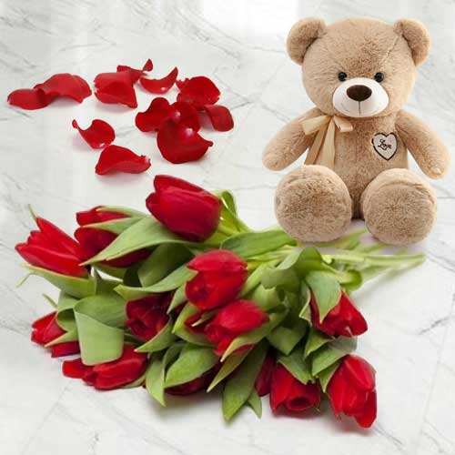 - Cute Teddy With Red Tulips For Girlfriend