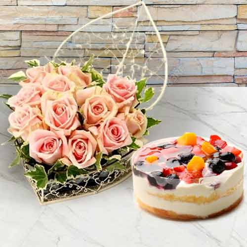 - Vday Pink Roses Heart Arrangement With Cake For Her