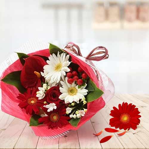 Deep Affection-Red & White Valentine’s Flower Bouquet For Her