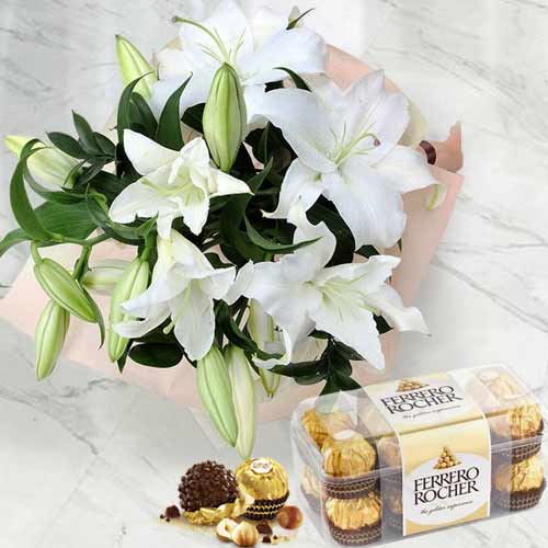 Elegant Romance-Ferrero Rocher And White Lilies Bouquet For Her