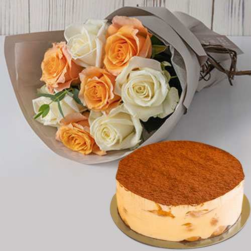 Rose And Tiramisu Cake-Birthday Cake Flower Bouquet