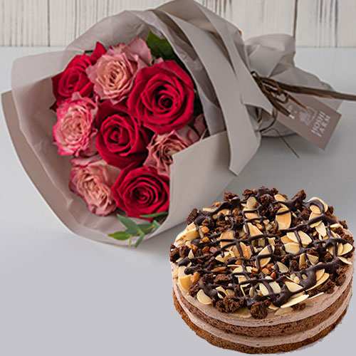 Rose With Belgium Chocolate Cake-Happy Birthday Flowers And Cake