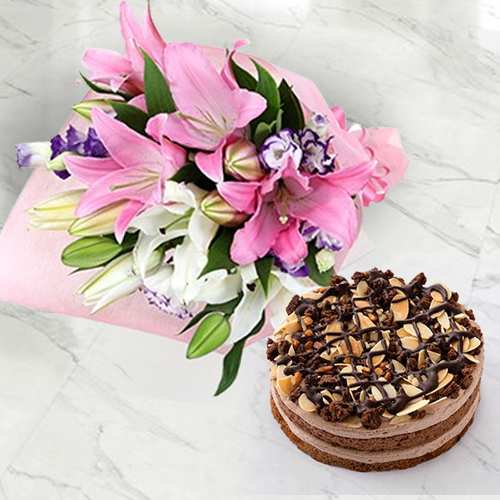 Lily Bouquet With Chocolate Cake-Order Flowers And Cake Combo For Birthday