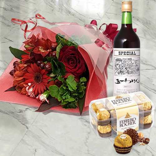 Floral Mix With Wine And Chocolates