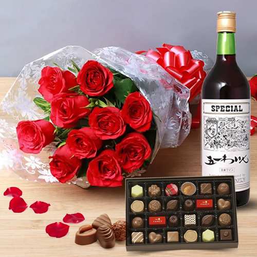 Red Rose Chocolates And Wine-Unique Anniversary Gift Delivery For Her/him